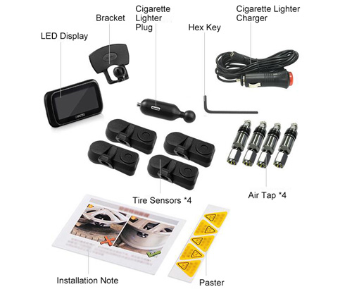 Car TPMS monitor with 4 built-in sensors packing list