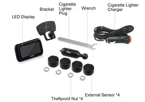 Car TPMS monitor with 4 external tire sensors packing list