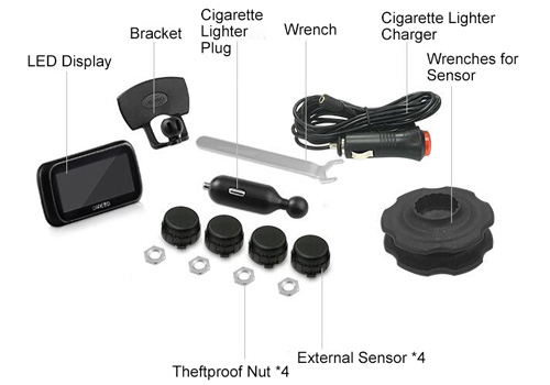 Car TPMS monitor with black external tire sensors packing list