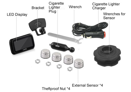 Car TPMS monitor with mini silver external tire sensors packing list