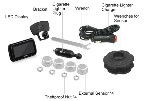 Car TPMS monitor with silver external tire sensors packing list