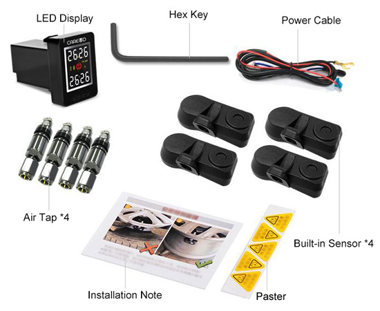 Car TPMS with 4 black built-in tire sensors packing list