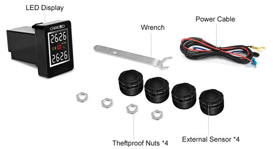 Car TPMS with 4 external tire sensors packing list