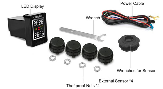 Car TPMS with black external tire sensors packing list