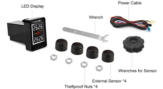 Car TPMS with mini black external tire sensors packing list