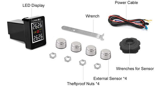 Car tpms with mini silver external tire sensors packing list