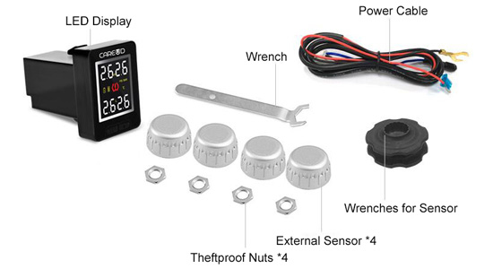 Car TPMS with silver external tire sensors packing list