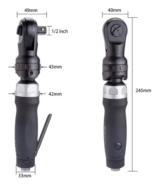 Dimensions of 1/2 inch Air Ratchet Wrench 50 ft/lb