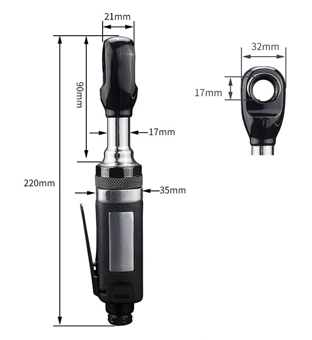 Dimensions of 1/4 3/8 inch Air Ratchet Wrench 30 ft/lb