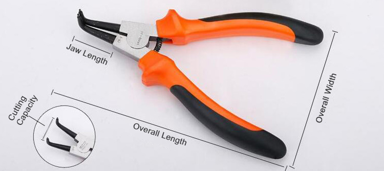 External snap ring pliers with bent tip dimension drawing
