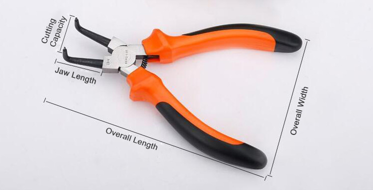 Internal snap ring pliers with bent tip dimension drawing