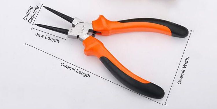Internal snap ring pliers with straight tip dimension drawing