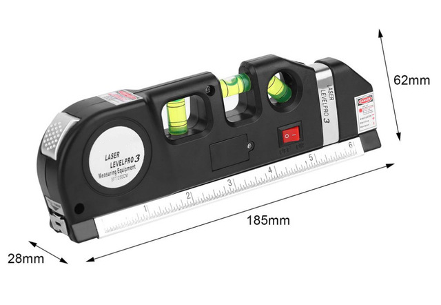 Laser spirit level with metric ruler, tape measure dimension
