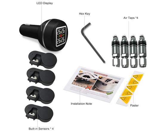 Mini TPMS with 4 built-in tire sensors packing list