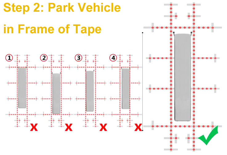Park vehicle in the frame of 360-degree dash cam tape