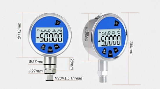 Dimensions and size specifications of digital hydraulic pressure gauge.