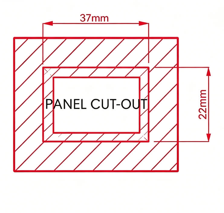 Installation cutout dimensions for electric hour meter. This diagram helps fit the hour meter for boat, atv, or outboad motor into a panel. Follow the measurements for a secure ac/dc hour meter mount.
