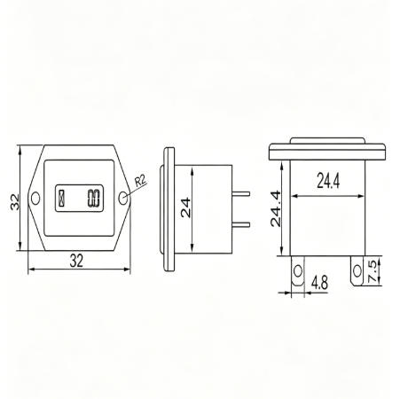 Product dimension drawing for electric hour meter. Millimeter unit diagram shows external size for panel mount preparation. Refer to this ac/dc hour meter outline before cutting hole.
