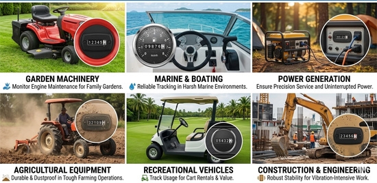 Generator hour meter application scenarios for tractors and marine engines.
