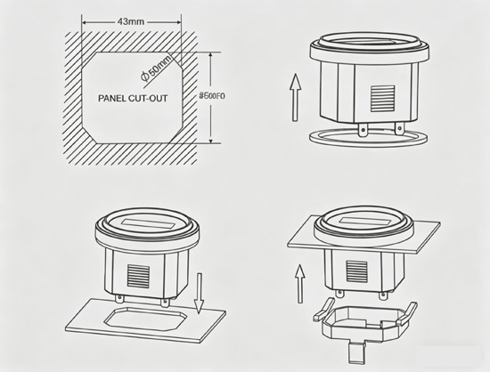 Generator hour meter dimensions and vibration hour meter mounting specs.