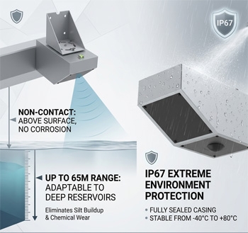 Non-contact radar flow meter with IP67 protection and 65m range.
