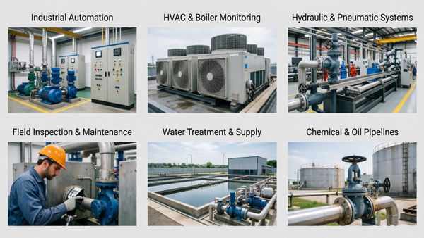 Portable digital pressure gauge applications in various industrial systems.