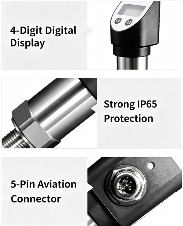 Portable digital pressure gauge details showing display and 5-pin connector.