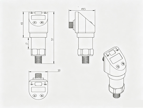 Portable digital pressure gauge dimension diagram showing product sizing.