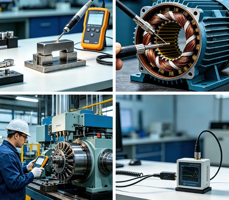 Gauss meter for testing magnets in industrial settings. DC gauss meter checks static magnetic fields on motor rotors and magnetic separators. Static magnetic field meter ensures product consistency across production batches.