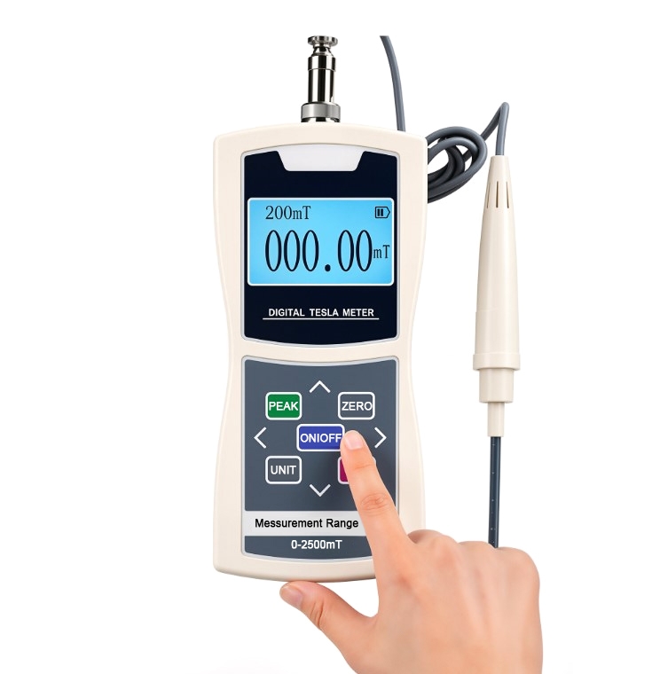Zero calibration step for portable gauss meter with probe.
