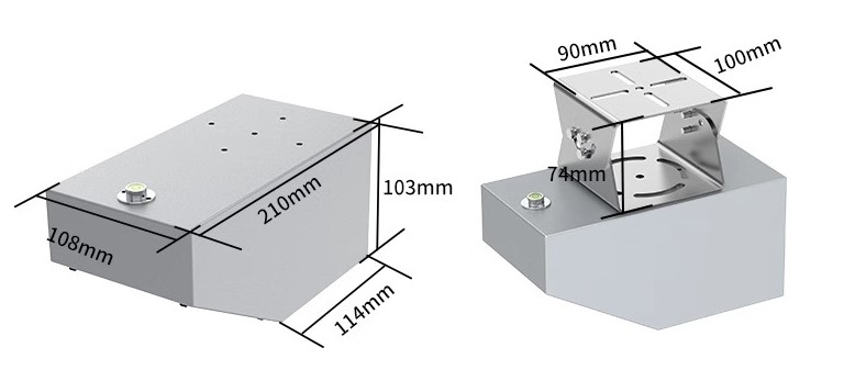 Radar flow meter dimensions and mounting bracket size specifications.