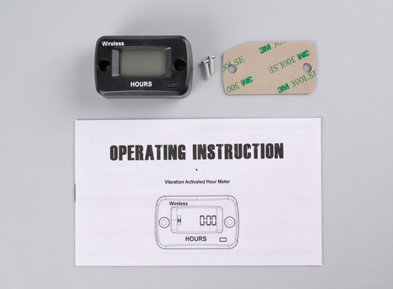 Package list including wireless hour meter, 3M stickers, and manual.