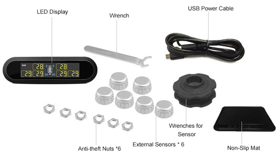 RV TPMS with external silver sensors packing list