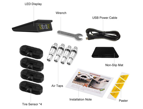 Solar power TPMS with 4 built-in tire sensors packing list