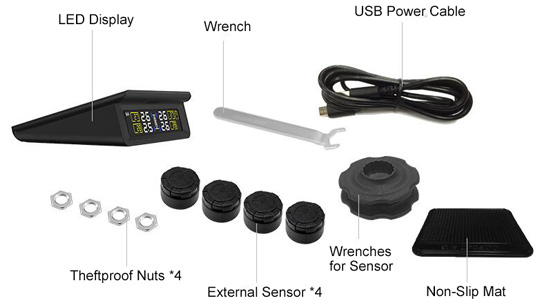 Solar power TPMS with 4 external tire sensors packing list