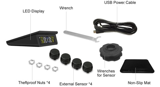 Solar power TPMS with black external tire sensors packing list