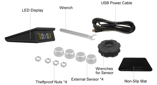 Solar power TPMS with silver external tire sensors packing list