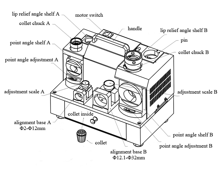 Structure Diagram of Drill Bit Sharpener Grinder, 1~26mm, 250W, Model G3