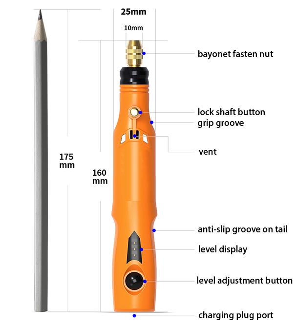 Structure & Dimension of 3.6V 1/8 Inch Cordless Electric Die Grinder