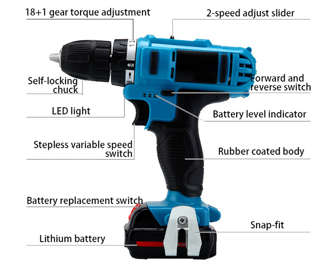 12V/16.8V/21V Cordless Drill Driver Structure Diagram