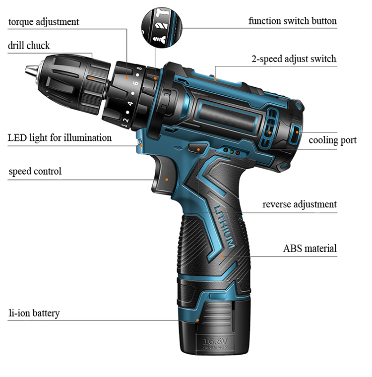 Structure Diagram of 12V/16.8V/21V Cordless Impact Drill, 10mm/20mm