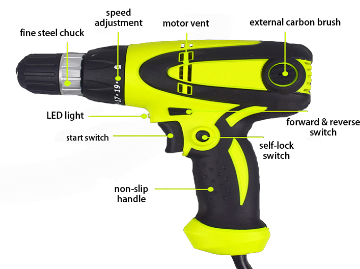 Structure Diagram of 3/4 Inch Corded Electric Drill, 1.6A