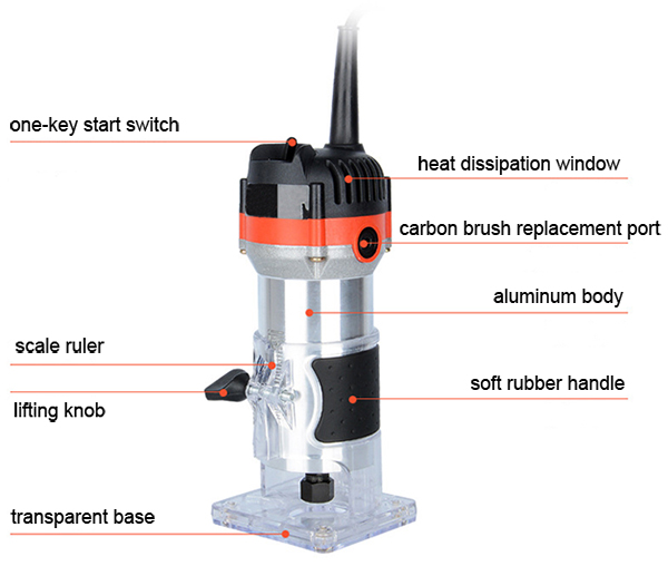Structure Diagram of 1/4 inch Electric Trim Router, 530W, 2.4A