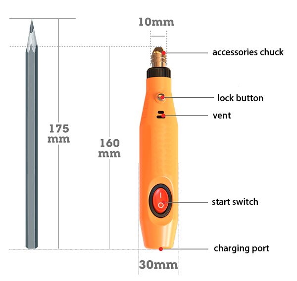 Structure & Dimension Diagram of 12V 1/8 Inch Cordless Electric Die Grinder