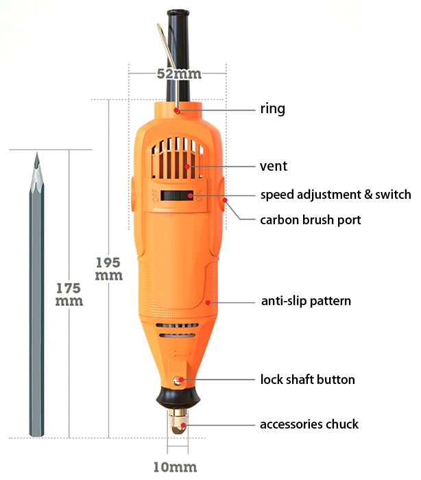 Structure & Dimension Diagram of 125W 1/8" Electric Die Grinder