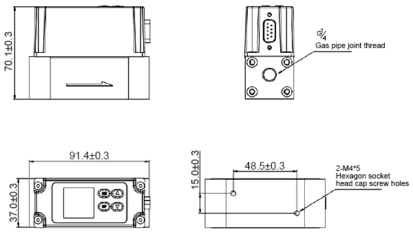 Thermal mass air flow meter dimension drawing with mounting hole locations and overall size specifications